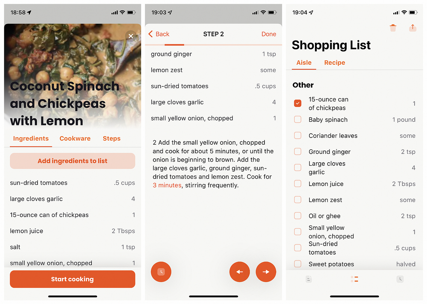3 screenshots from the Cooklang app showing ingredients, method, and shopping list