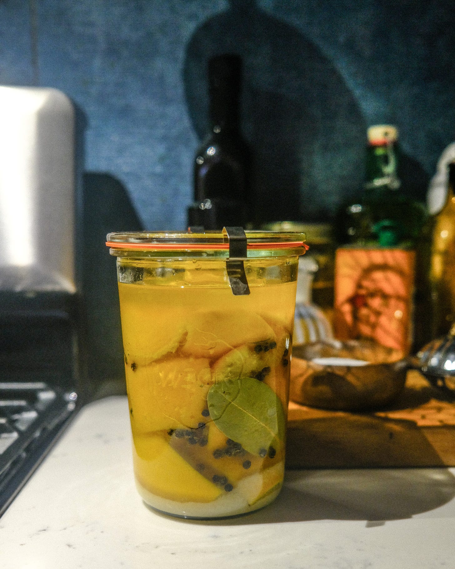 Preserved lemons in glass jar. 