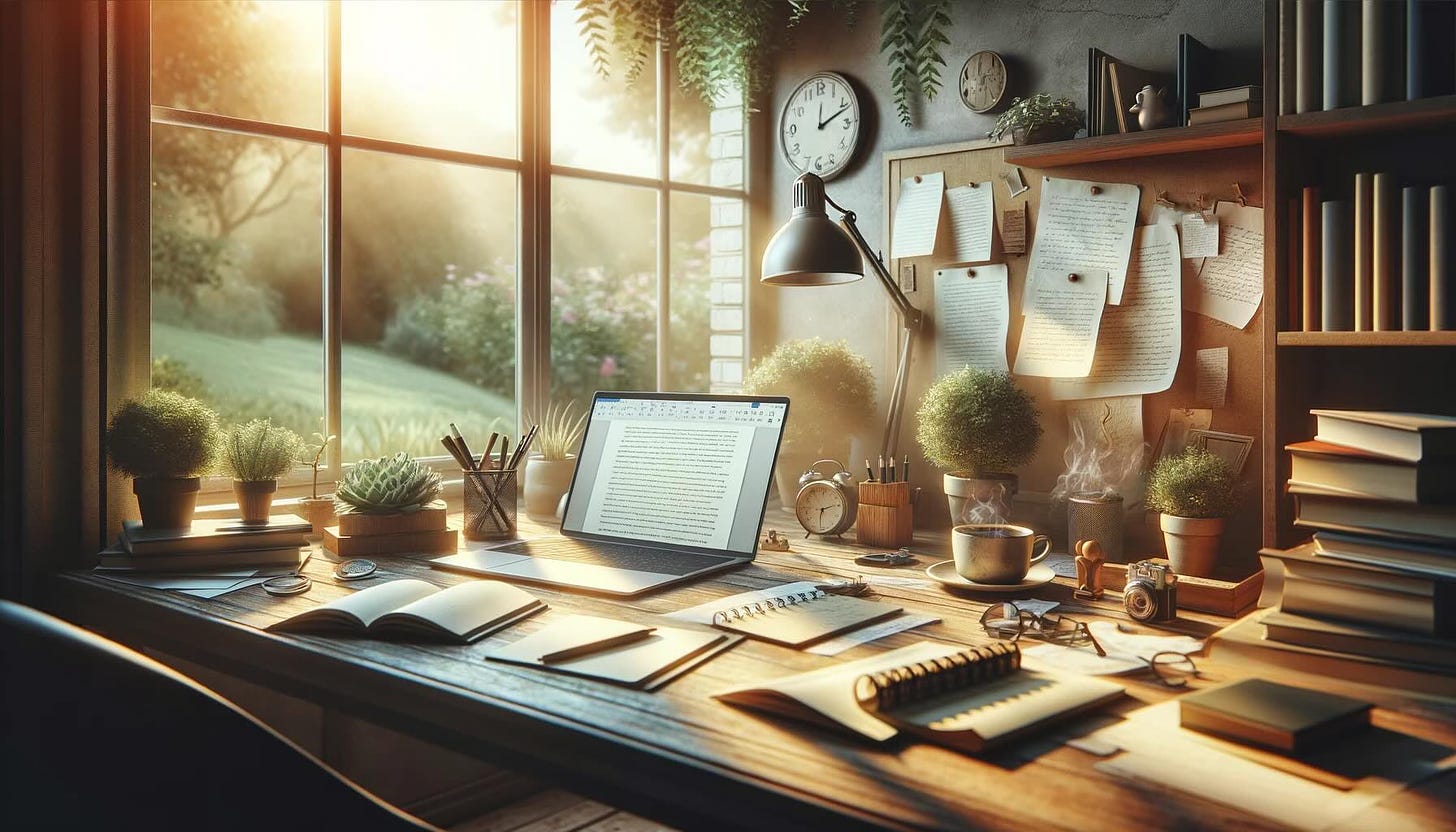The image illustrates a serene and inspiring writer's workspace, designed to represent a personal retreat for focusing on long-form writing projects. The setting includes a cluttered yet cozy desk with essential writing tools set against a window with a view of a peaceful garden.
