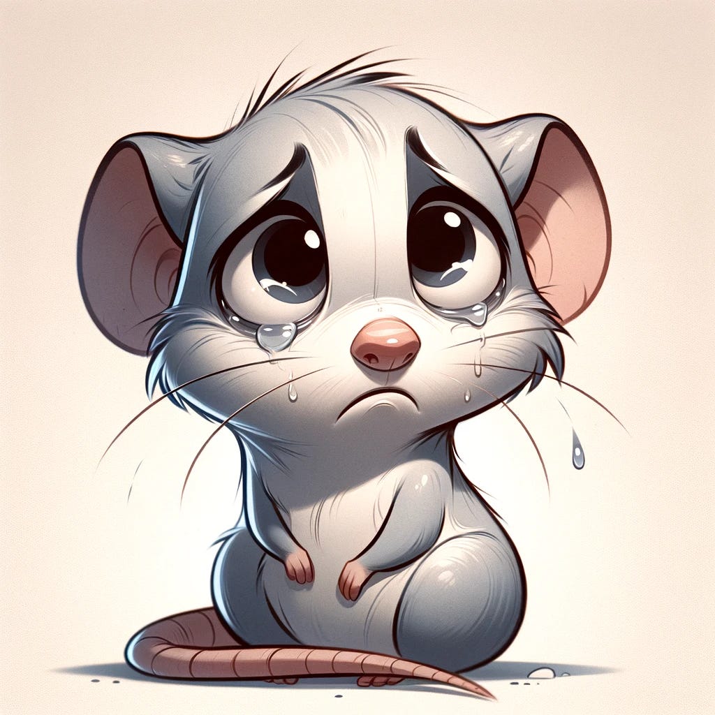 A cartoon illustration of a sad rat. The rat should be drawn with exaggerated, emotive features to clearly convey its sadness. Key characteristics include droopy ears, large, glossy eyes with a tear or two, and a downward curve of its mouth. The rat's posture should be slumped, enhancing the expression of melancholy. The background should be simple and unobtrusive, perhaps just a soft, neutral color, to keep the focus on the rat's emotional state. The overall tone of the image should be gentle and sympathetic.