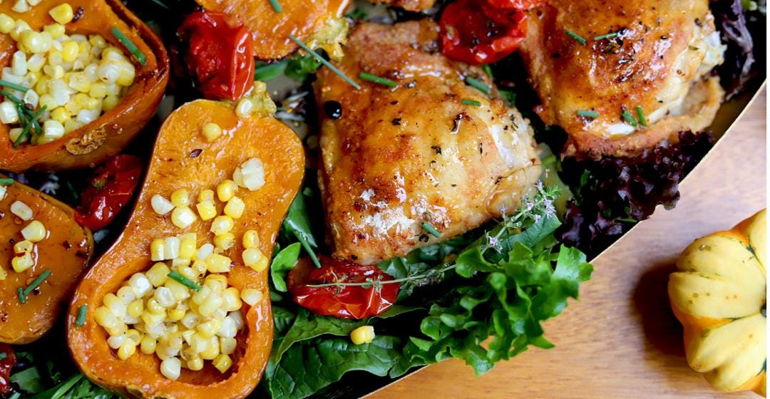 Crispy Sheet Pan Chicken with Honeynut Squash and Hot Honey Drizzle, Cook the Vineyard