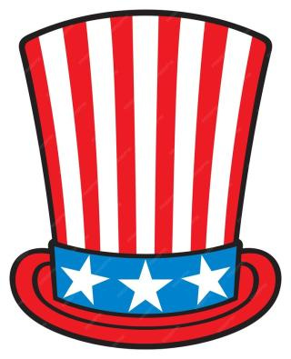 Top hat with red and white stripes and a blue band of white stars