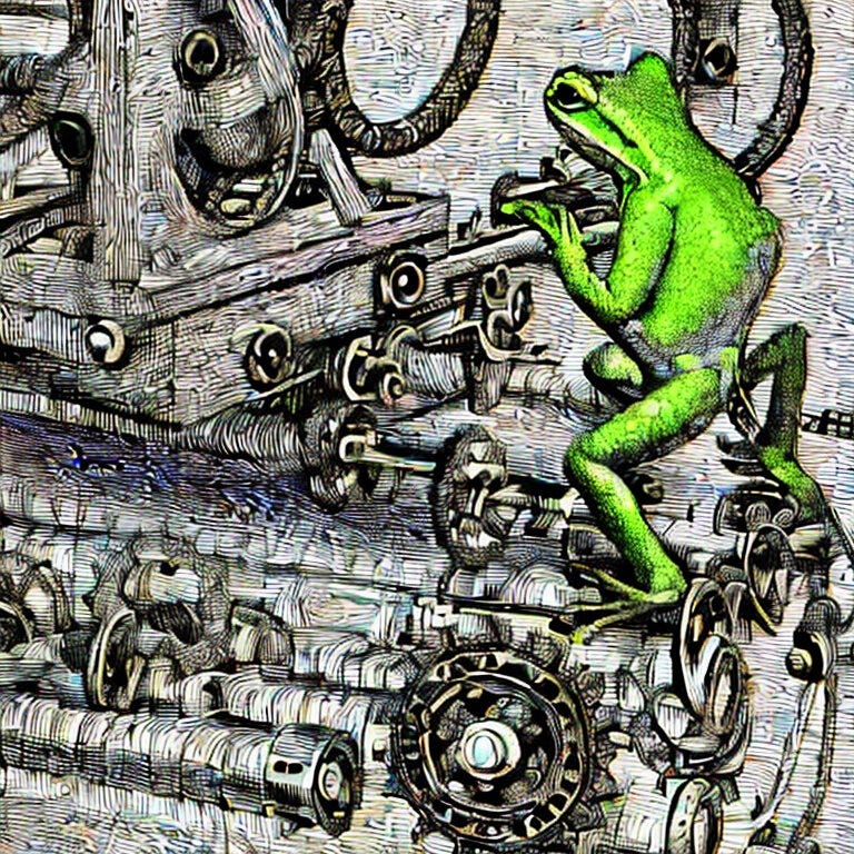 A frog engineer sitting on a pile of cross-hatched cogs