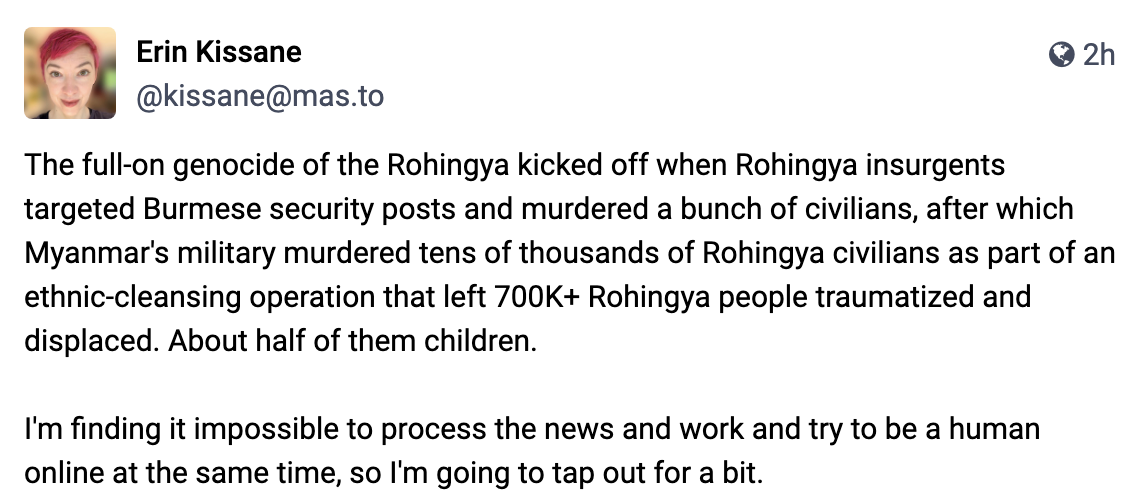 The full-on genocide of the Rohingya kicked off when Rohingya insurgents targeted Burmese security posts and murdered a bunch of civilians, after which Myanmar's military murdered tens of thousands of Rohingya civilians as part of an ethnic-cleansing operation that left 700K+ Rohingya people traumatized and displaced. About half of them children.  I'm finding it impossible to process the news and work and try to be a human online at the same time, so I'm going to tap out for a bit.