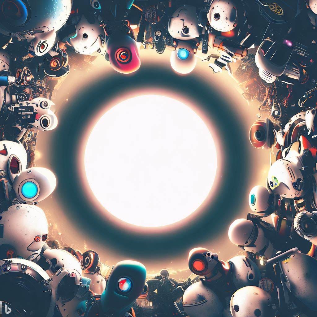 A white circle surrounded by different kinds of robots