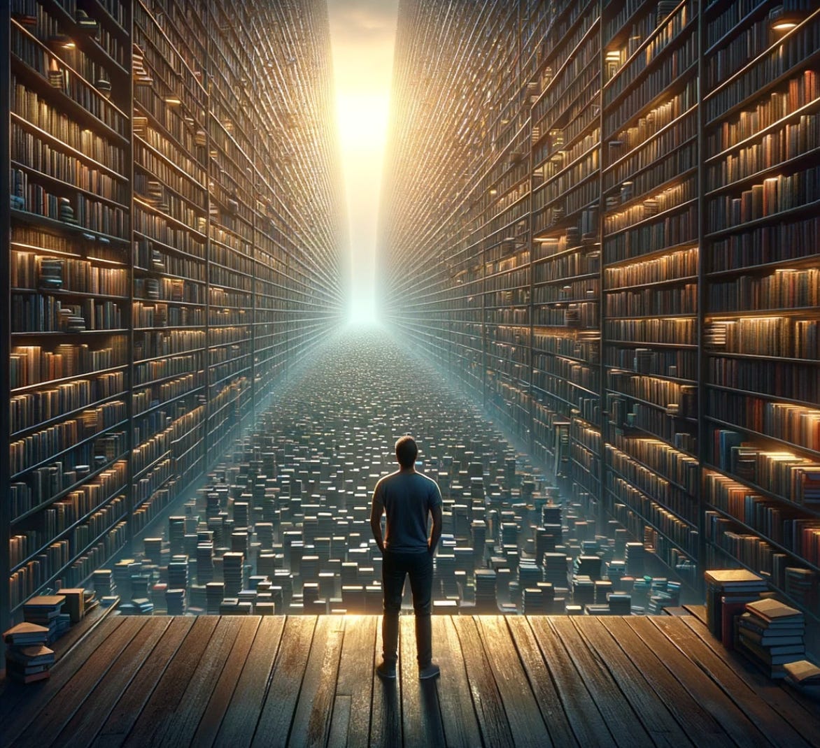 A vast, dimly lit library with endless rows of bookshelves stretching into the horizon, symbolizing an immense expanse of knowledge. In the foreground, a figure with indistinct gender and race, dressed in casual attire, stands gazing at the shelves, appearing overwhelmed by the enormity of the library. The ambient lighting casts soft shadows, creating a serene yet slightly daunting atmosphere, emphasizing the concept of the overwhelming nature of trying to encompass all knowledge.