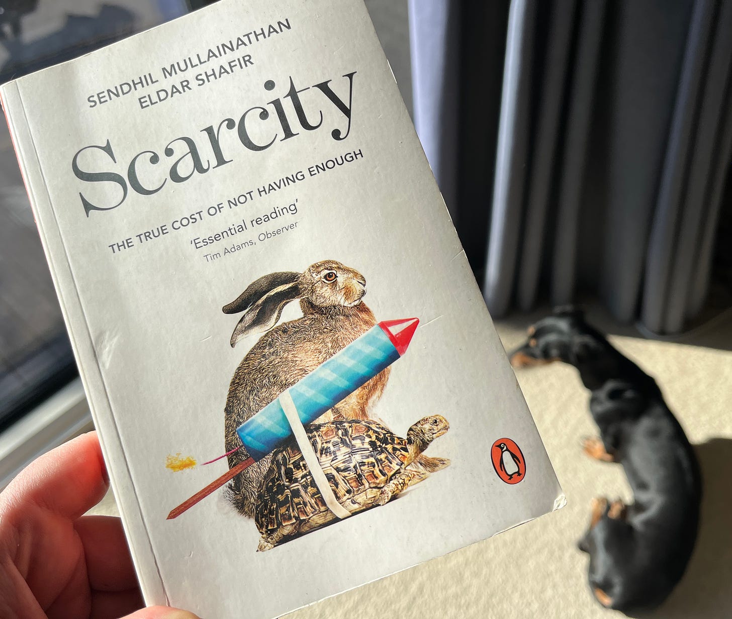 A hand holds the book Scarcity, by Sendhil Mullainathan and Eldar Shafir, and in the background a black dachshund sits on the floor.