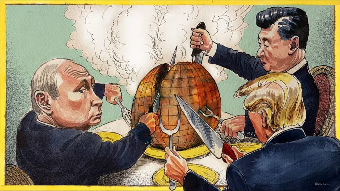 Illustration of Trump, Putin and Xi sitting around a dining room table carving up the globe of the world in a reference to Gillray’s 1805 plum pudding cartoon of Pitt and Napoleon