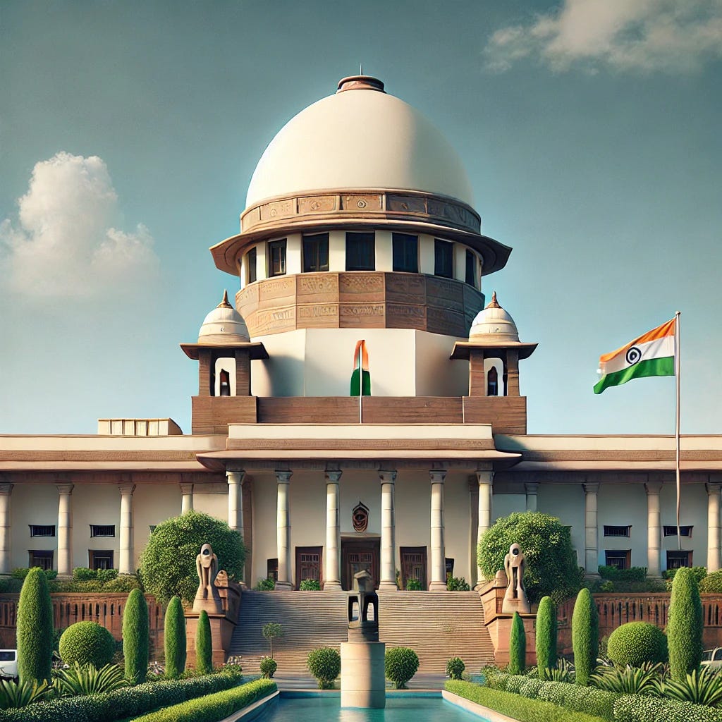 A realistic digital painting of the Supreme Court of India, featuring its iconic dome and grand steps. The scene is set on a bright day with clear blue skies. The building is surrounded by lush green gardens, and the Indian flag is flying high in front. The perspective is slightly low-angle to emphasize the grandeur of the architecture.