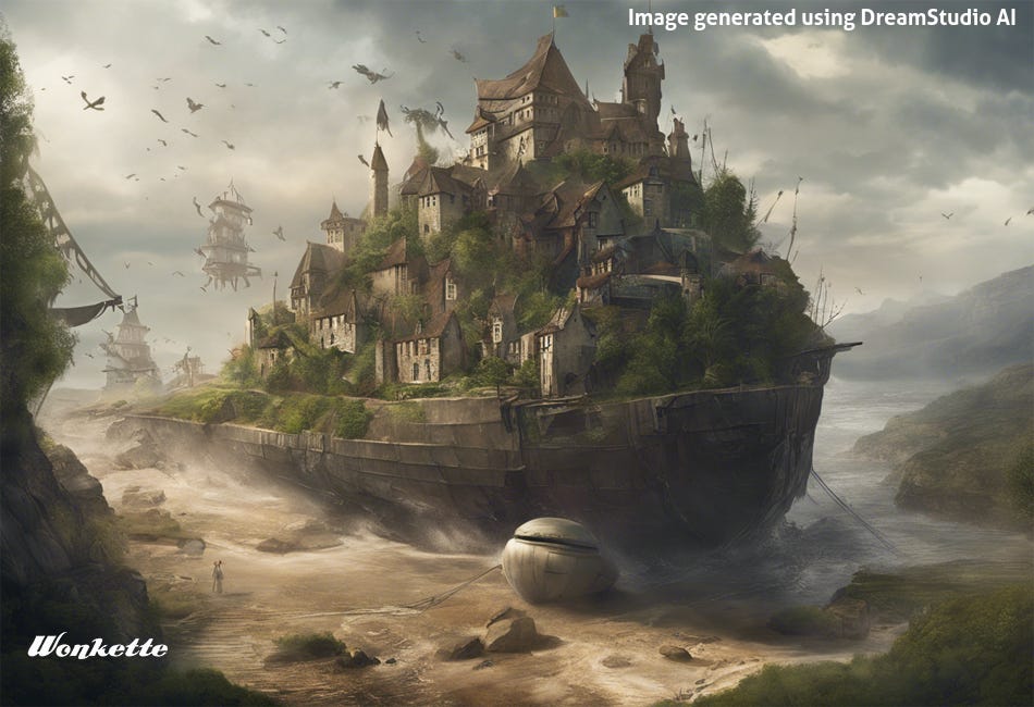AI-generated fantasy image of a medieval-ish town built on some kind of wooden ship hull, grounded on a beach in a surreal landscape. In the distance are birds and other sailing vessels, one of which is rising into the air. Two small, indistinct human figures stand on the beach, looking at the city-ship as it's pounded by the surf.