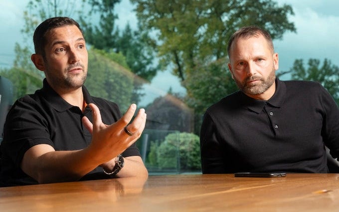 Chelsea sporting directors Laurence Stewart and Paul Winstanley being interviewed by Matt Law at the Chelsea training ground
