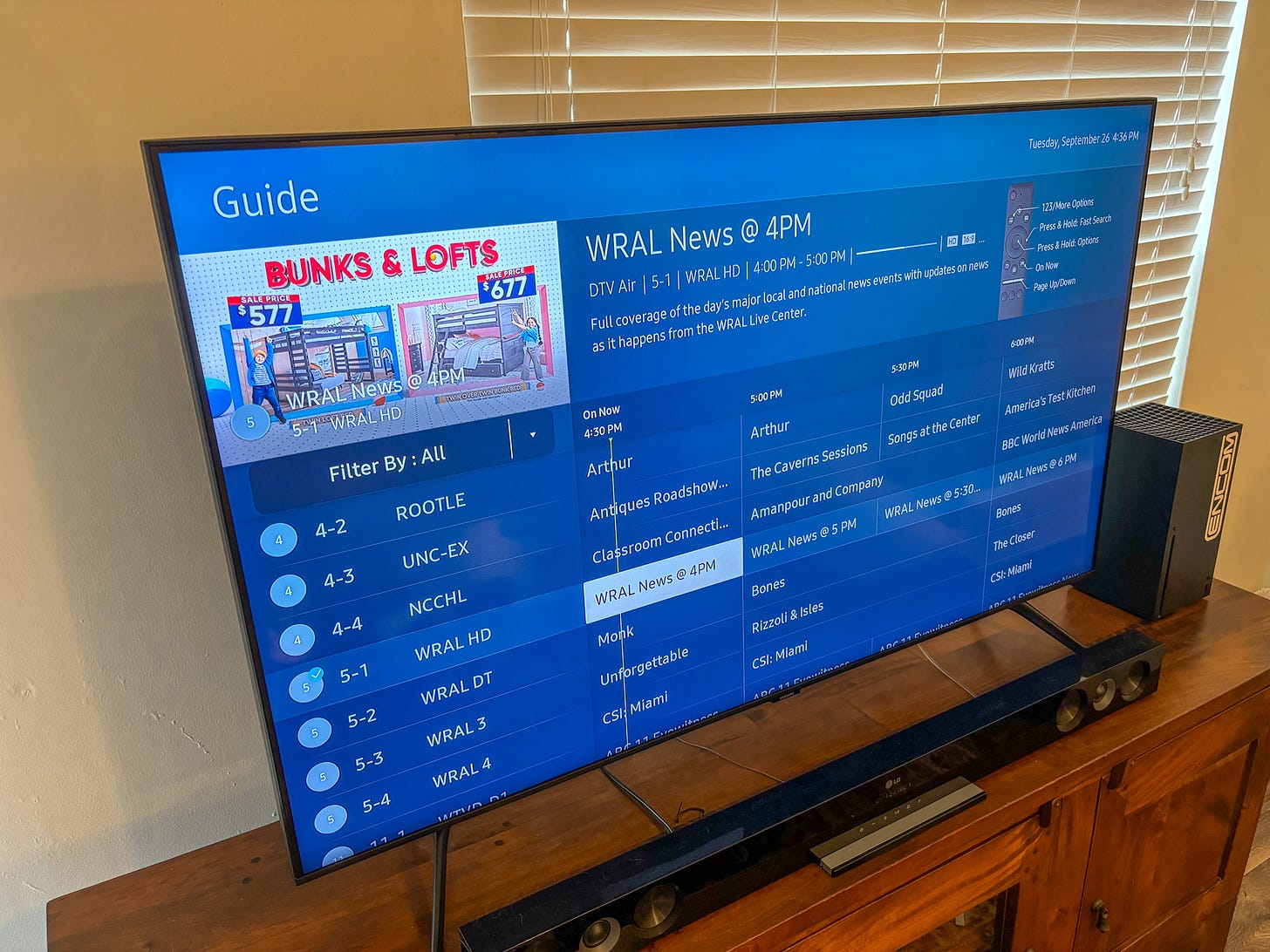 Samsung TV showing TV guide