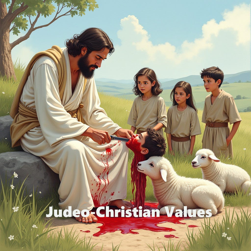 Image of Jesus with lambs and Palestinian children holding a palestinian boy's severed head.