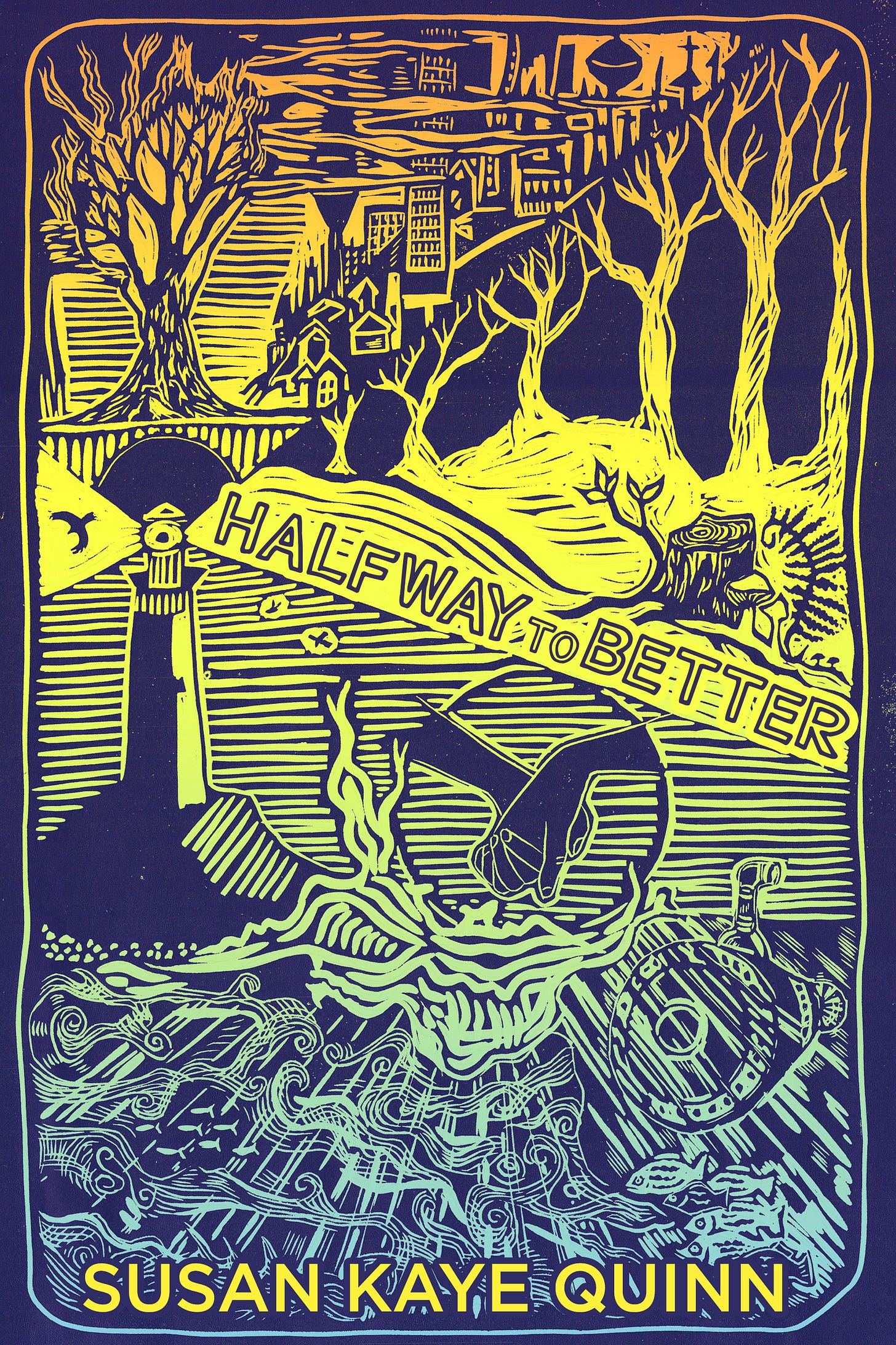 Halfway to Better cover made from linograph printing