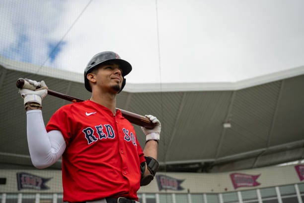 Vaughn Grissom the Boston Red Sox looks on during a spring training team workout on February 19, 2024 at jetBlue Park at Fenway South in Fort Myers,...