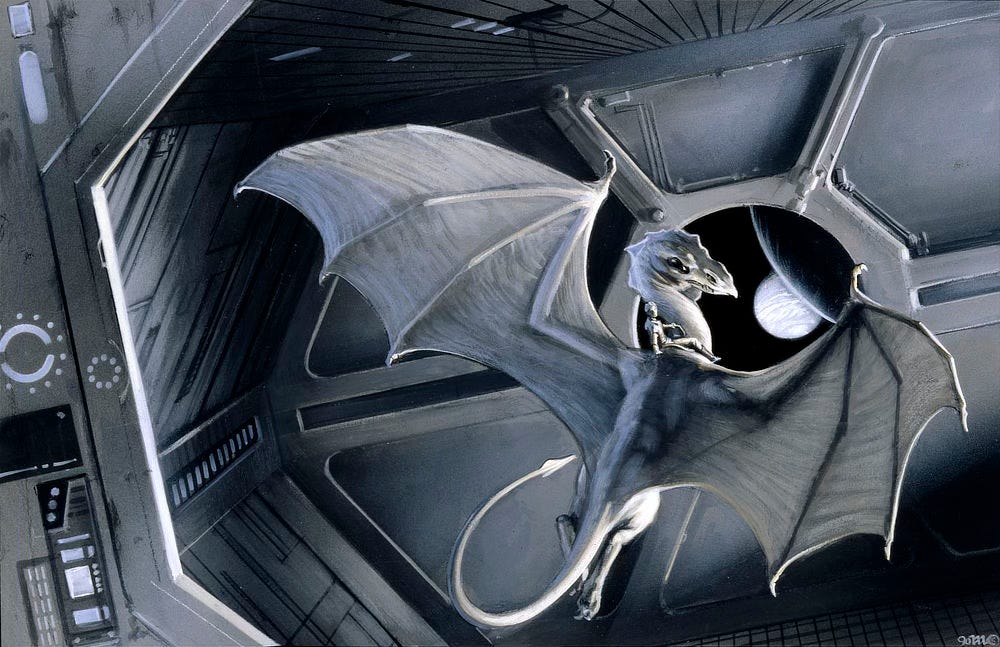 A white dragon hovers in the cargo hold of a spaceship while looking out a a viewport to a planet and partially obscured moon.