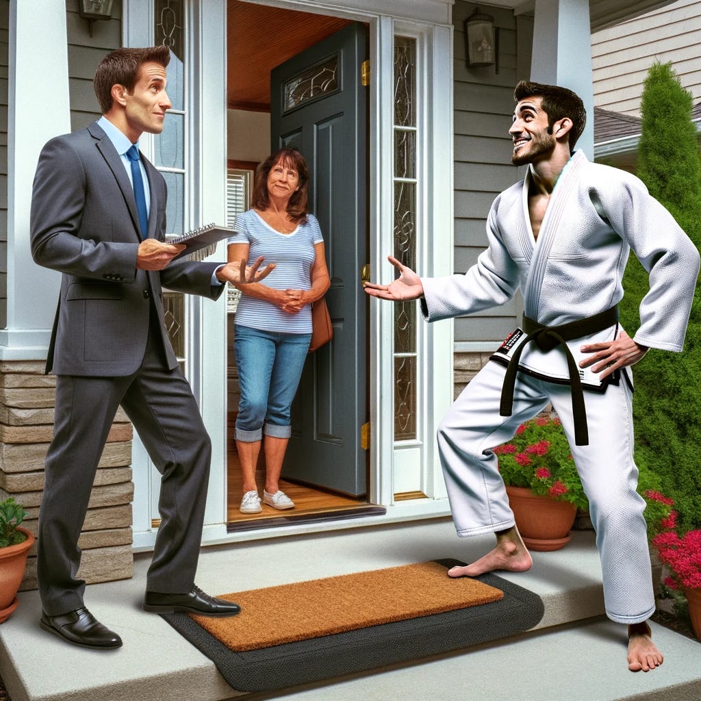 Re-imagine the scene where a door-to-door salesman, dressed in a professional suit and tie, energetically pitches a new product to a housewife standing in the doorway of her suburban home. The housewife listens with a blend of curiosity and skepticism, dressed in casual attire. Next to the salesman, there is a man in a white Brazilian Jiu Jitsu gi, but this time ensure his belt is vividly white, indicating his beginner status in the martial art. He observes the pitch with keen interest. The setting is a bright, sunny day on the front stoop of a well-kept suburban house, complete with a welcome mat and lush potted plants.