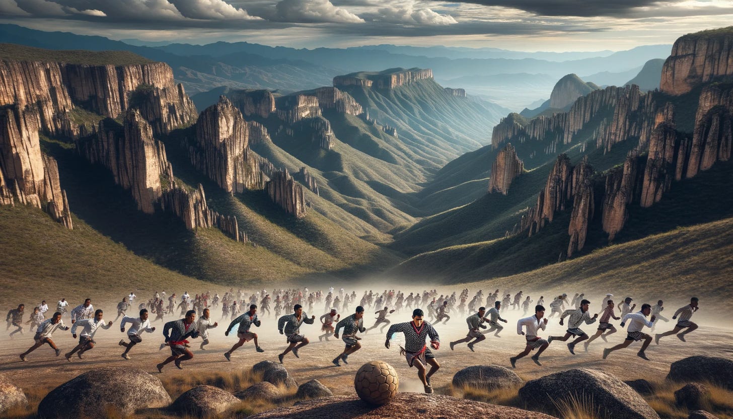 Photo depicting the rocky hills of Chihuahua, Mexico with Rarámuri people running alongside in their traditional attire, showcasing their incredible stamina. The vast mountains and canyons provide a breathtaking backdrop to the scene, while some participants can be seen collectively kicking a wooden ball as they run.