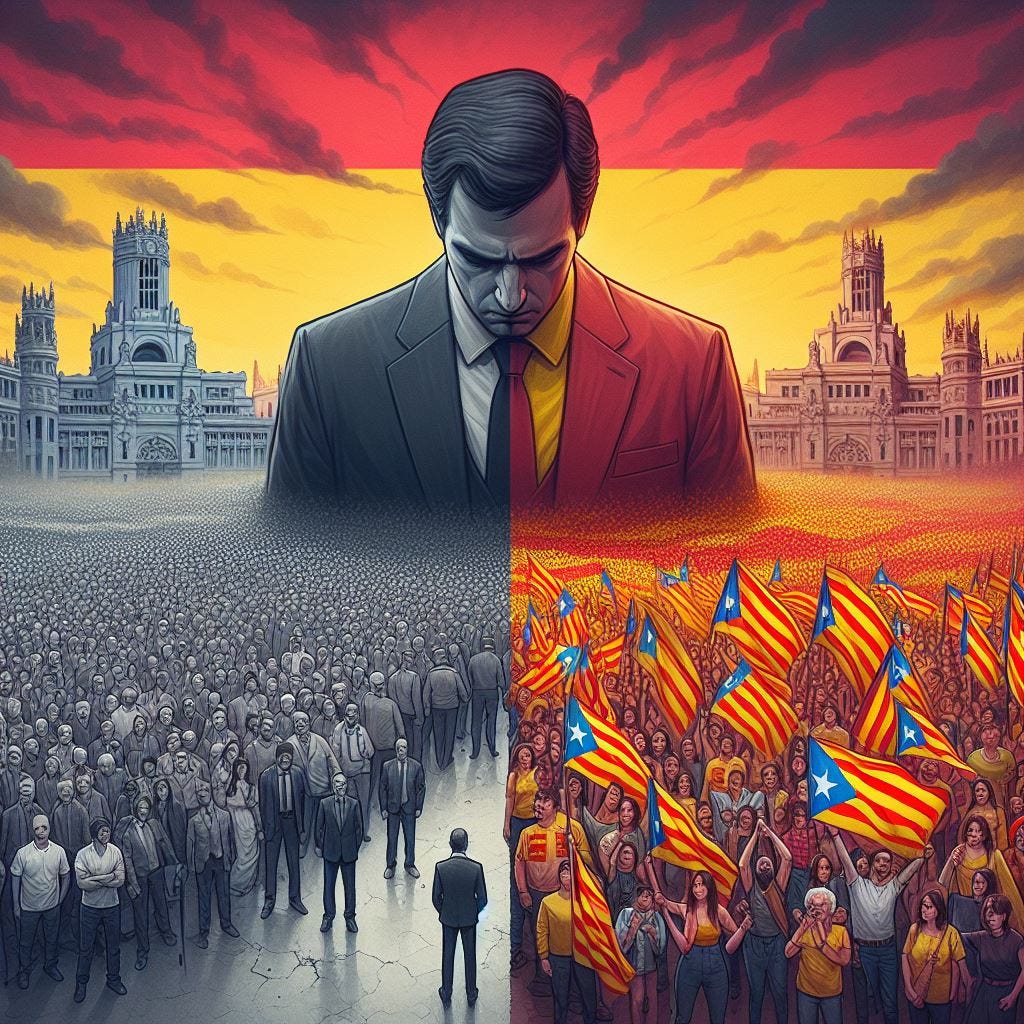 Two sides of spain. on one side, spain flag near madrid, weak politician, grey, sad, dejected, depressed. on the other, thousands of poeple holding lots of colourful catalan estelada flags, colour, vibrance, strength, digital art