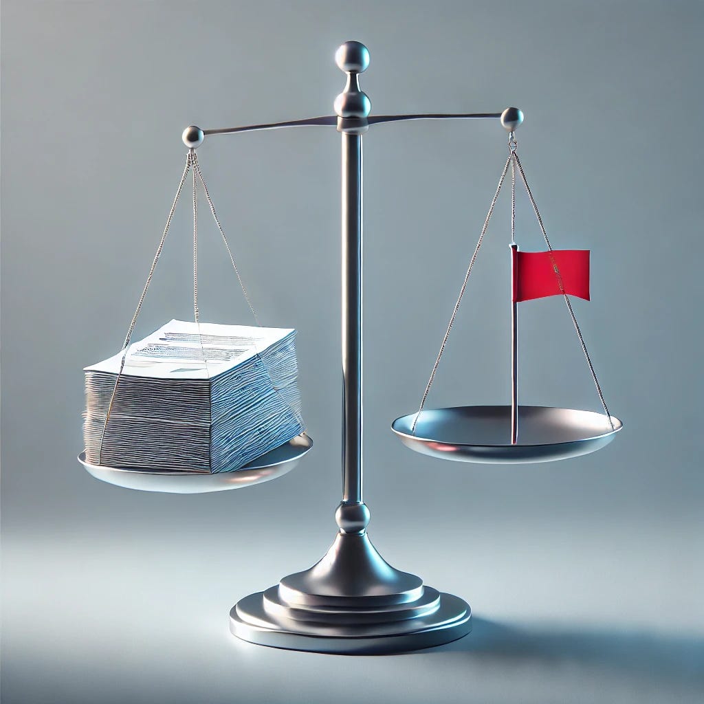A minimalist conceptual image showing a balancing scale with one side containing a stack of documents and the other side a red flag, symbolizing the evaluation of corporate governance risks. The background is a soft gradient of gray and blue, creating a professional and understated look. The scale is sleek and modern, with clean lines, and the red flag is subtle yet noticeable, conveying caution without being overly dramatic.