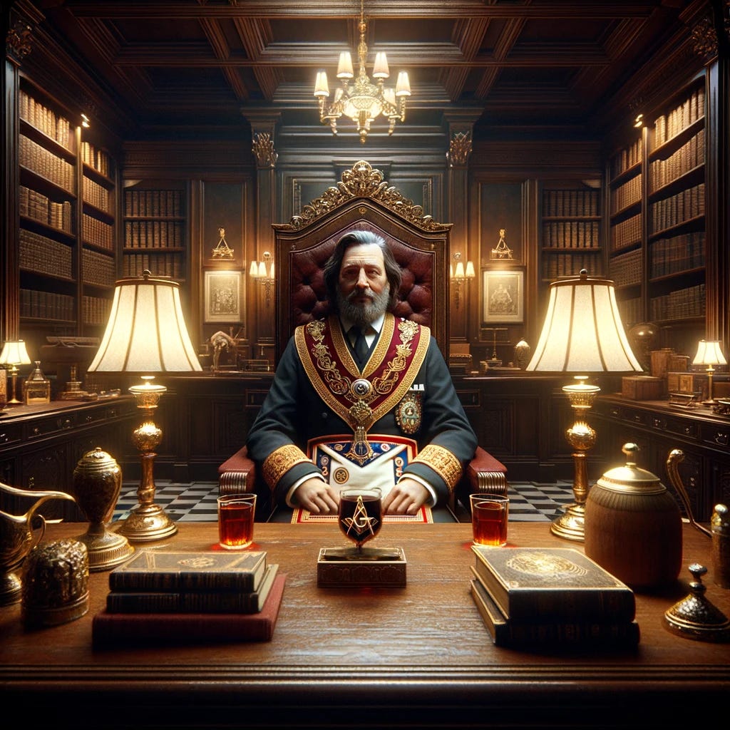 Imagine an intimate setting within a richly detailed study, where the scene unfolds from a first-person perspective, placing the viewer directly in front of Albert Pike. The room is imbued with an air of historical elegance, featuring dark wood paneling, a heavy, ornate desk, and shelves lined with thick volumes. In this scene, Albert Pike sits across, facing the viewer with a warm, inviting expression. He is dressed in his full Masonic regalia, including an intricate apron, sash, and jewel, indicative of his high rank within the Masonry. On the desk between Pike and the viewer, there are two glasses filled with a dark, amber liquid, suggesting a shared moment of camaraderie. The ambient lighting casts a soft glow, highlighting Pike's features and the Masonic insignia, creating a moment frozen in time that bridges history and the present.