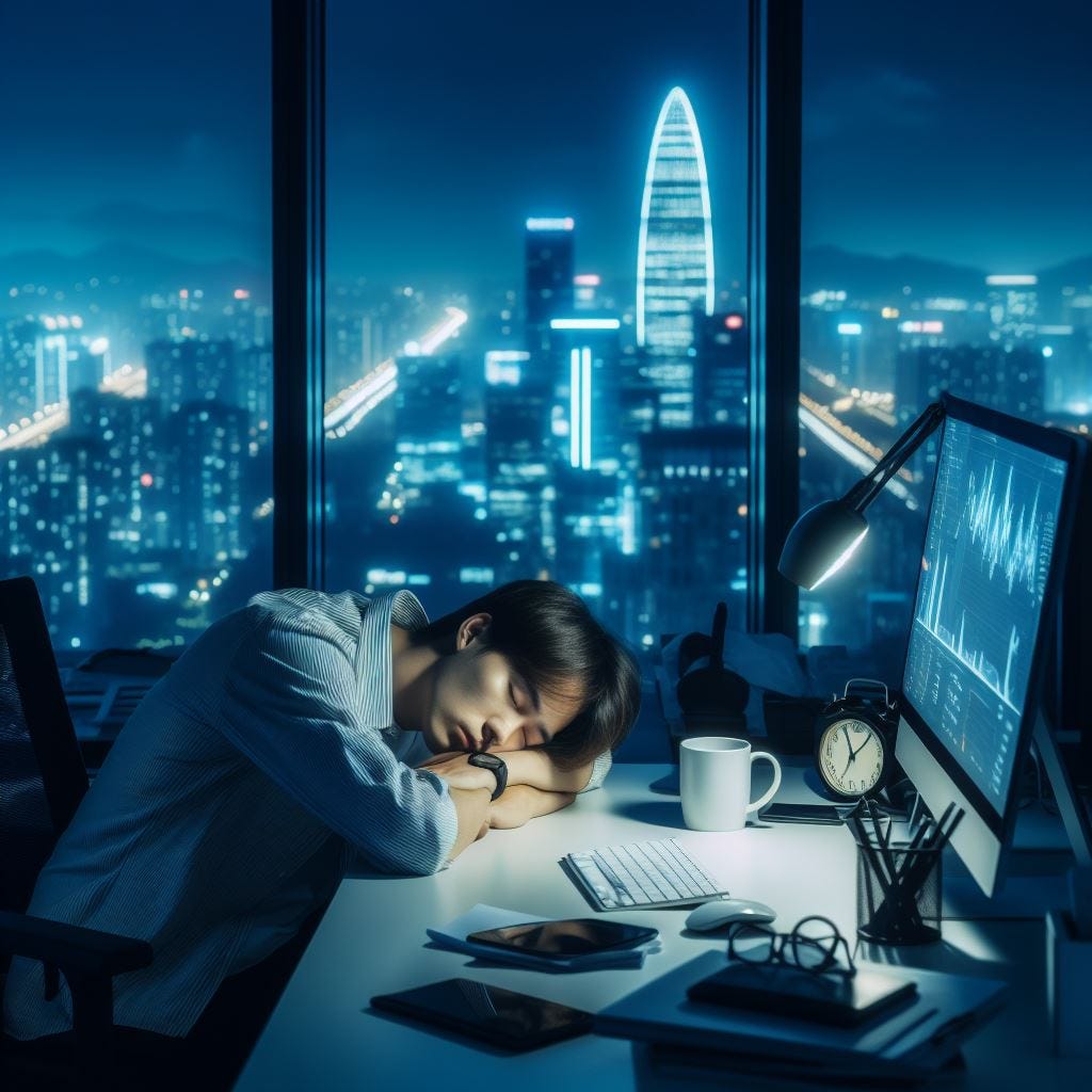 Un joven chino durmiendo sobre el escritorio de una empresa de tecnología, mientras que por la ventana se ve la ciudad de Shenzhen de noche
