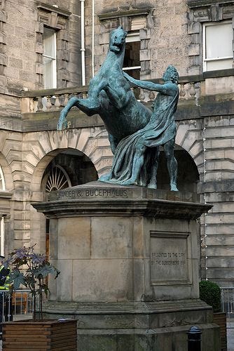Statue of Alexander the Great and Bucephalus outside Edinburgh City  Chambers, Royal Mile | Alexander the great, Statue, Scottish artists