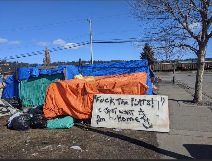 A sign in an encampment that says “fuck the flats! I just want a home!” With a drawn-on middle finger up.