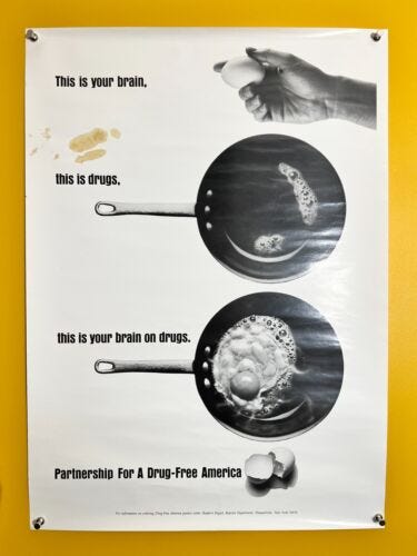 VTG Original Brain on Drugs Poster Egg Frying Pan Drug-Free America 1990s 1980s - Picture 1 of 5