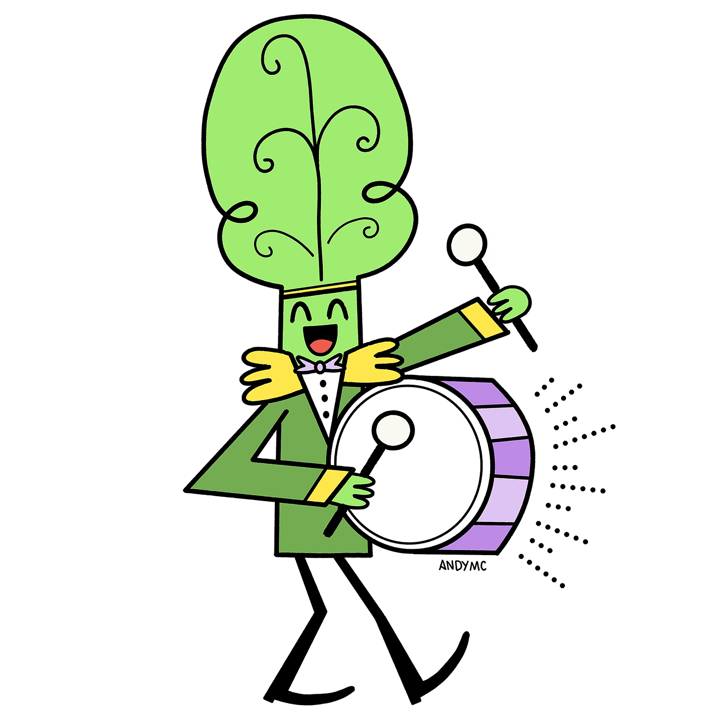 An illustration of a collard green playing a drum.