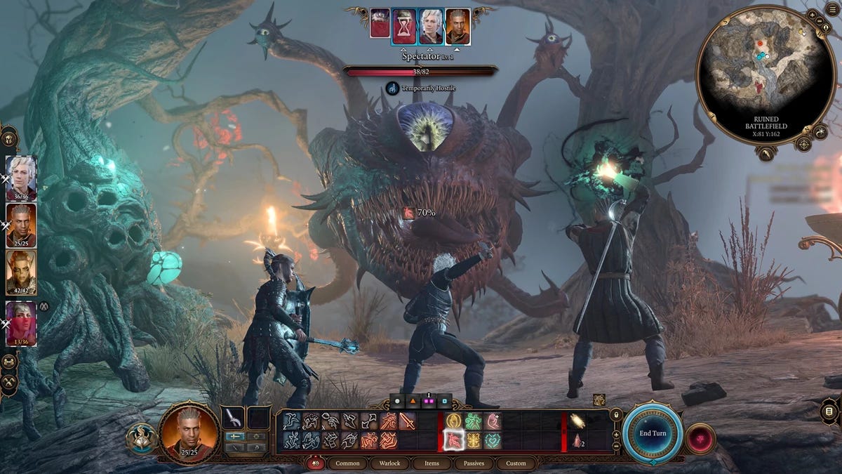 Three adventurers stand in front of a Beholder in battle poses.