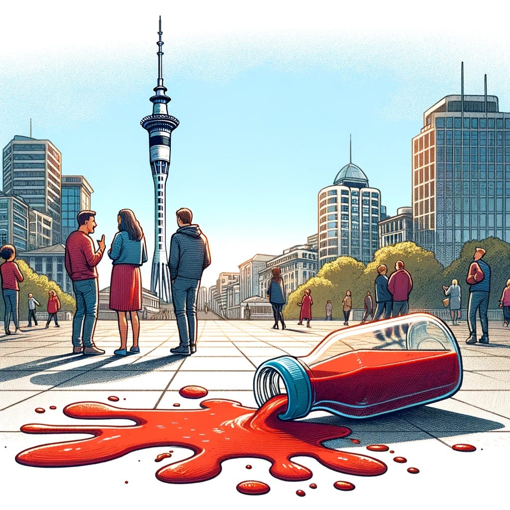 Illustration of Auckland's public square, the Sky Tower standing tall and majestic in the distance. A bottle of tomato juice lies spilled on the ground, its deep red contents spread across the pavement, as people converse and point towards the unusual sight.