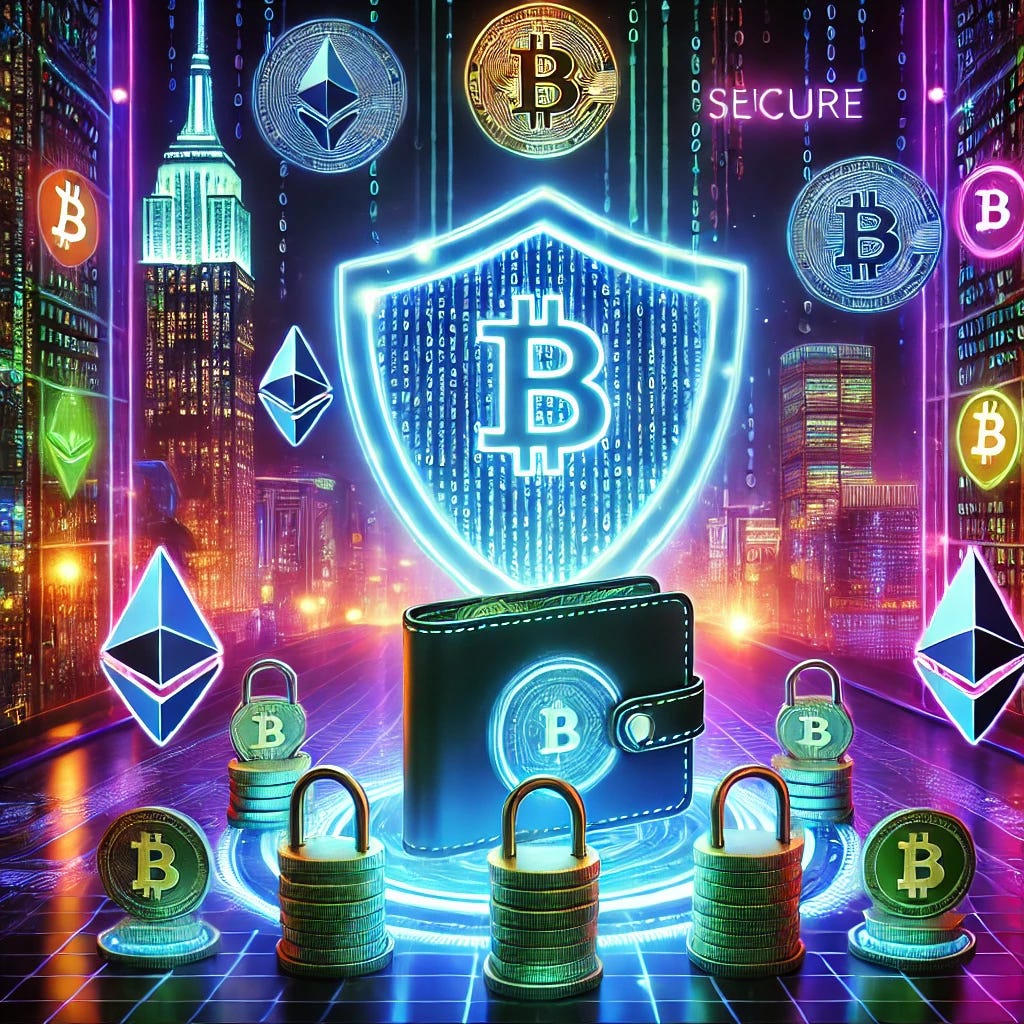 A futuristic cyberpunk-inspired scene emphasizing crypto safety. The image shows a glowing digital shield protecting a virtual wallet filled with cryptocurrency symbols like Bitcoin and Ethereum. The background features a neon-lit cityscape with vibrant blues, purples, and greens. Beneath the shield, secure digital locks and binary code signify robust security measures. The scene conveys a sense of safety, trust, and high-tech innovation.