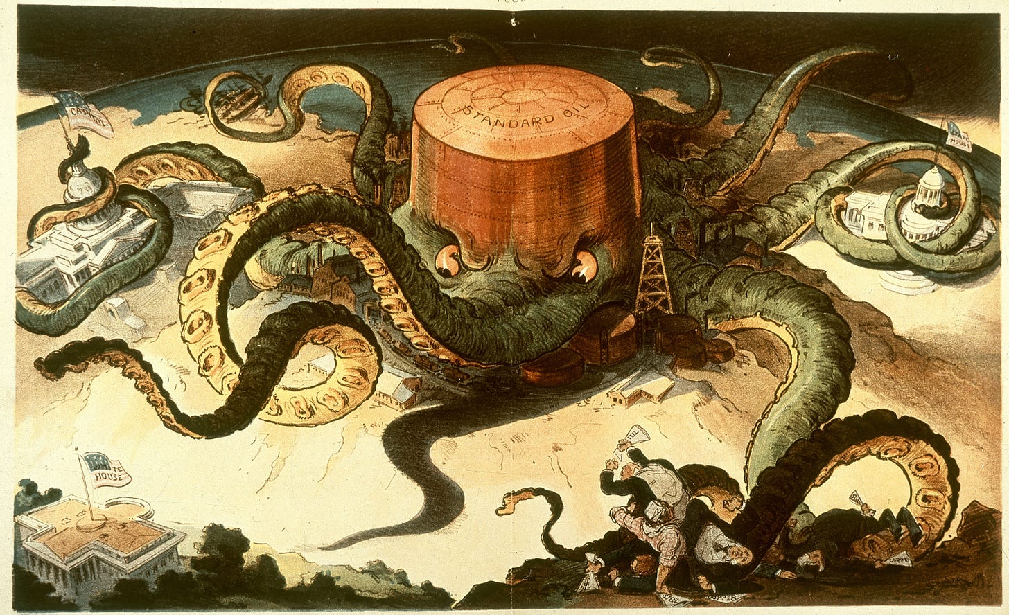 political cartoon with oil tank as octopus
