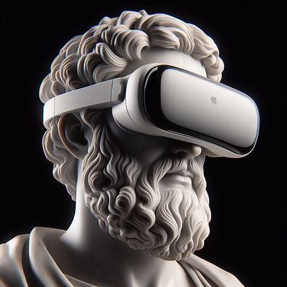 Un busto de un filósofo llevando unas gafas de realidad virtual y realidad aumentada como las Apple Vision pro. Las gafas son opacas, grandes, muy curvas y su frontal es de cristal traslúcido. Se pueden ver los ojos del busto. Las gafas se pegan completamente a la cara del filósofo.. Imagen 1 de 4
