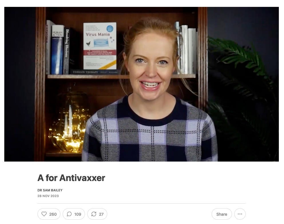 A screenshot of Substack author Dr Sam Bailey's article, with a picture of Sam, and the headline "A for Antivaxxer"