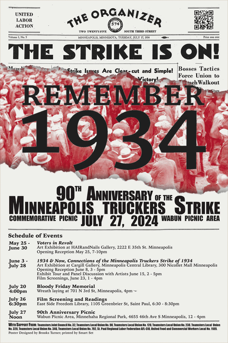 a newspaper graphic with details about the 90th anniversary of the Minneapolis Truckers Strike