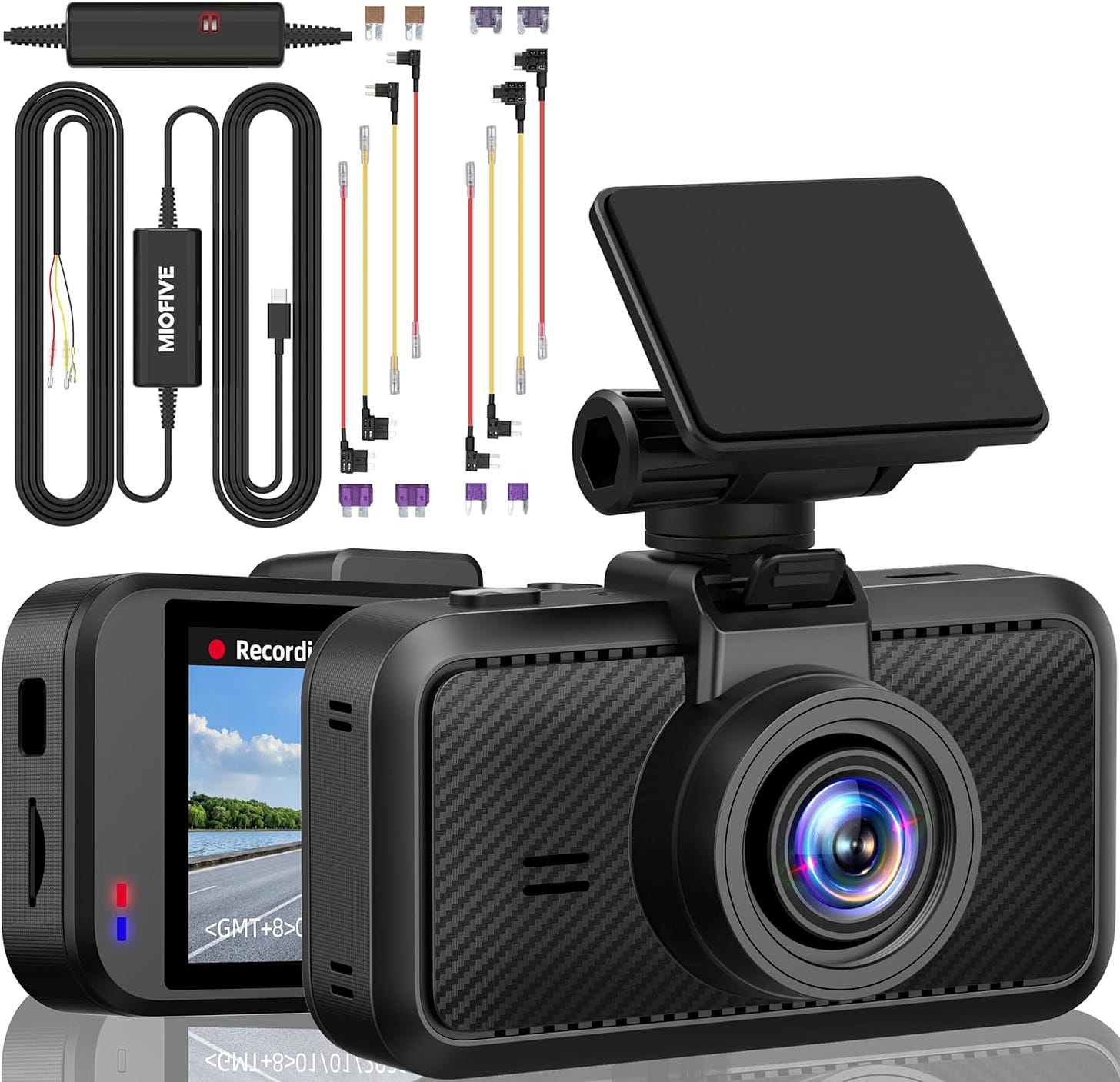 Dash cam accessories including 64GB micro SD card, suction cup mount, adhesive mount, car charger, and USB cable