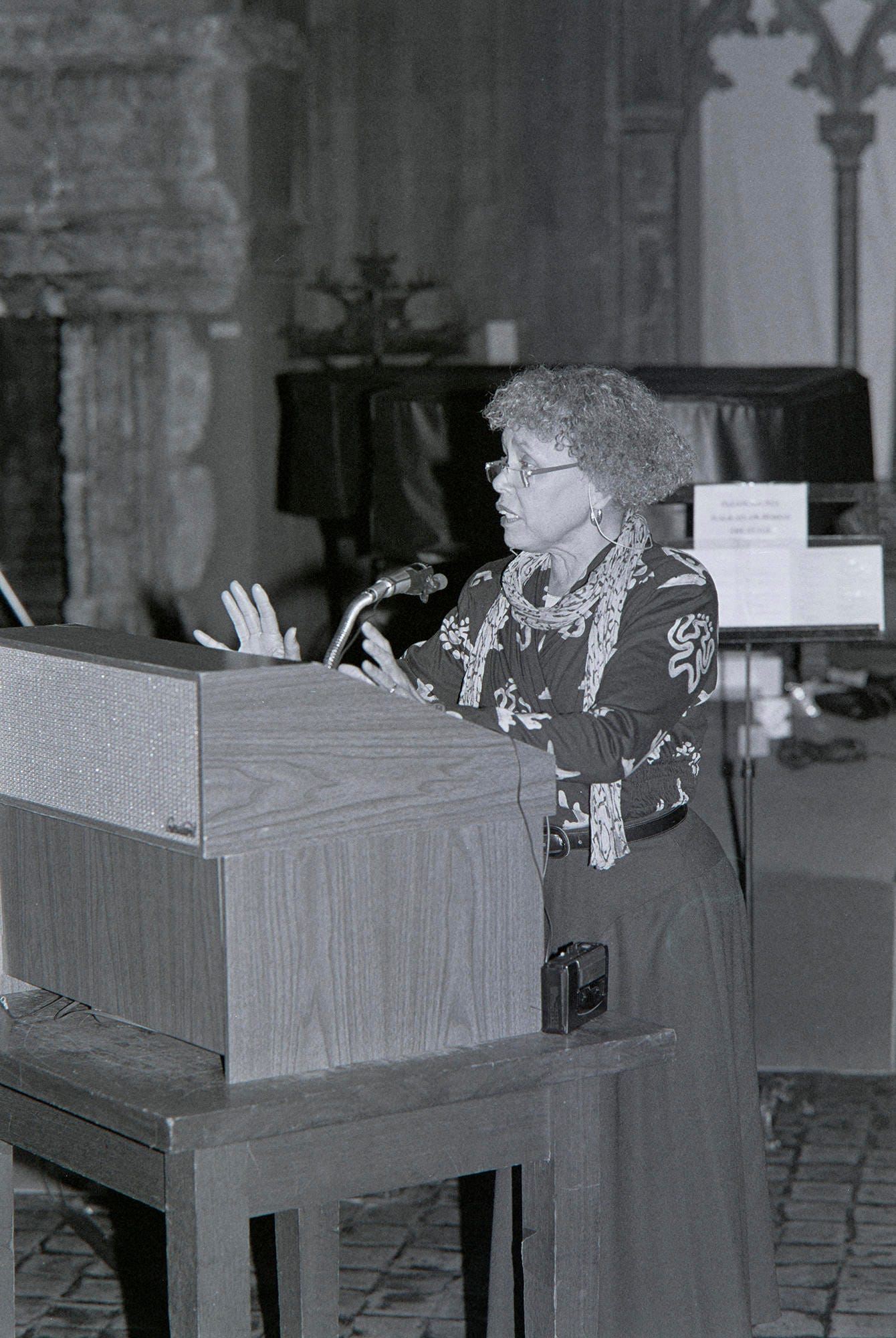 Betye Saar speaking in the Tapestry Room of the Isabella Stewart Gardner Museum, 1994, Image courtesy of the Isabella Stewart Gardner Museum