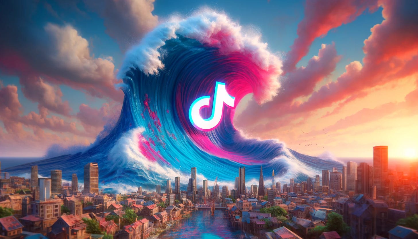 A dynamic and visually striking scene depicting a massive, powerful tsunami wave, shaped like the TikTok logo, about to crash onto a bustling coastal city. The wave is filled with vibrant colors, predominantly in TikTok's signature pink and blue hues, creating a surreal and intense atmosphere. People in the city are looking up in awe and slight fear, capturing the overwhelming influence of TikTok in a metaphorical representation. The cityscape includes a variety of buildings, from modern skyscrapers to traditional houses, symbolizing the wide reach of TikTok across different demographics and societies.