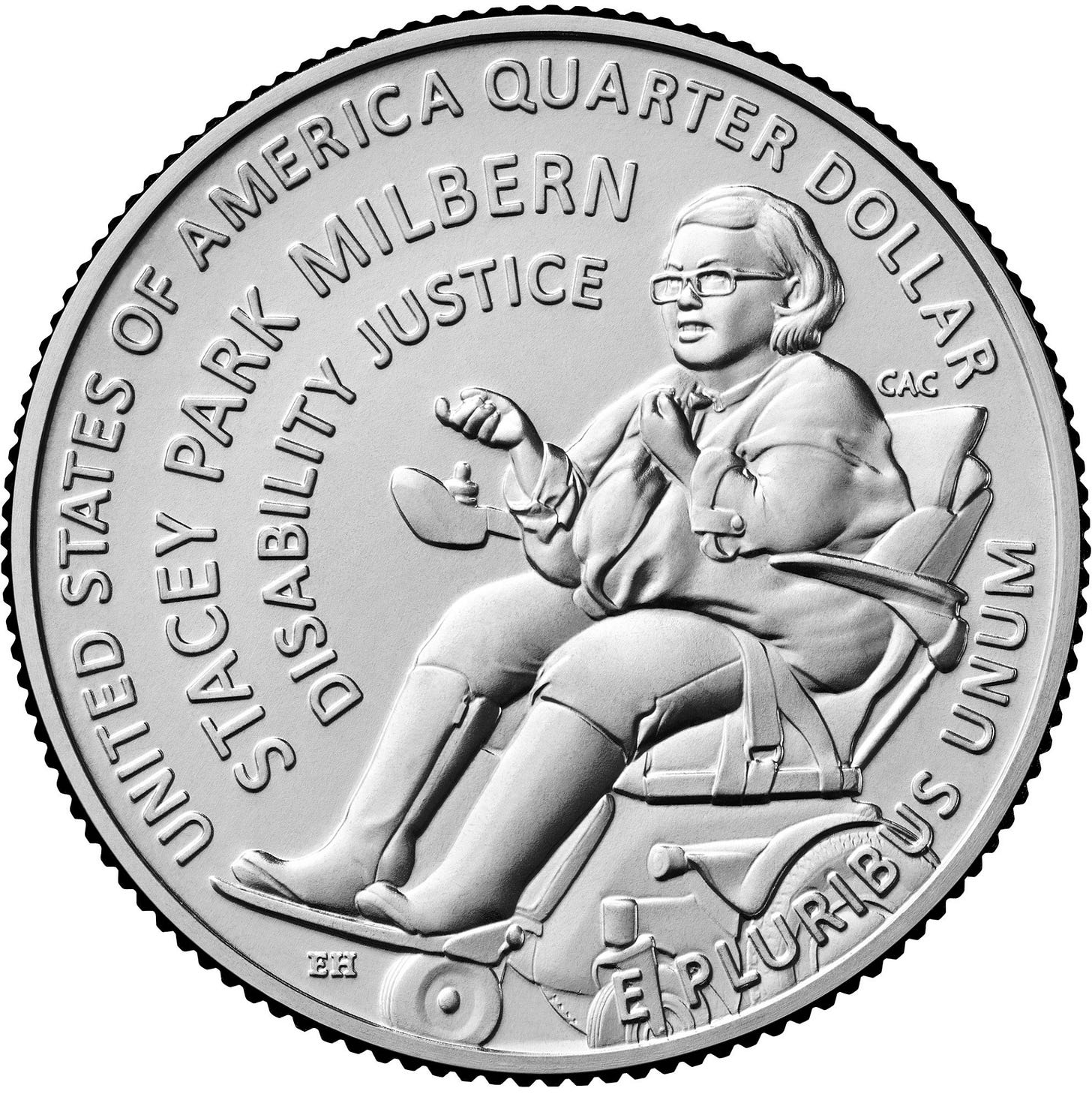 A black and white illustration of the new American Women Quarter for disability activist Stacey Park Milbern. Stacey is talking in her powerchair, with one hand near her trach. Text curves around the coin. United States of America Quarter Dollar. Stacey Park Milbern. Disability Justice. E Pluribus Unum.