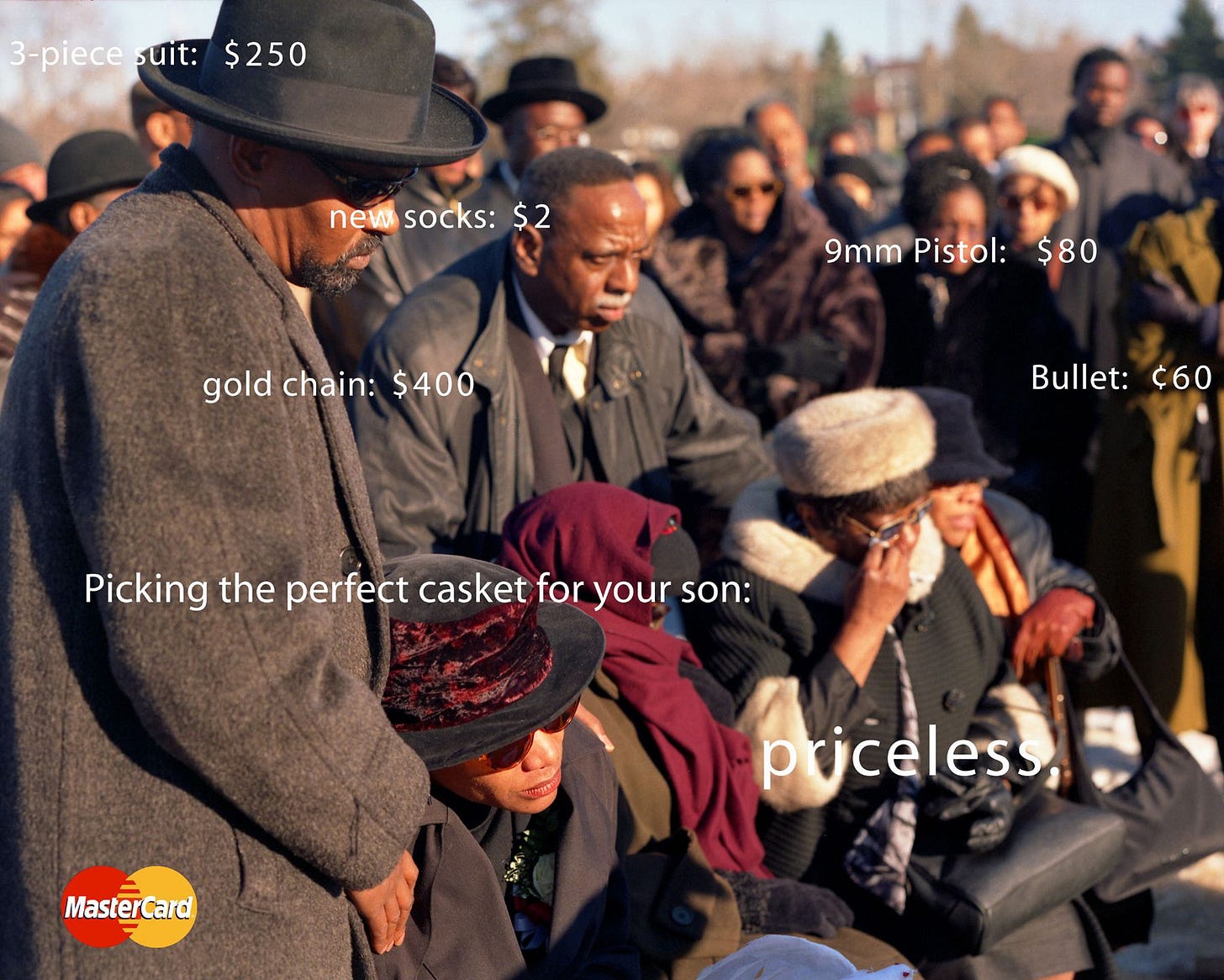 Priceless #1 - The image captures the grief and sorrow of a family at a funeral, highlighting the cost of various items juxtaposed with the immeasurable pain of losing a loved one to gun violence.