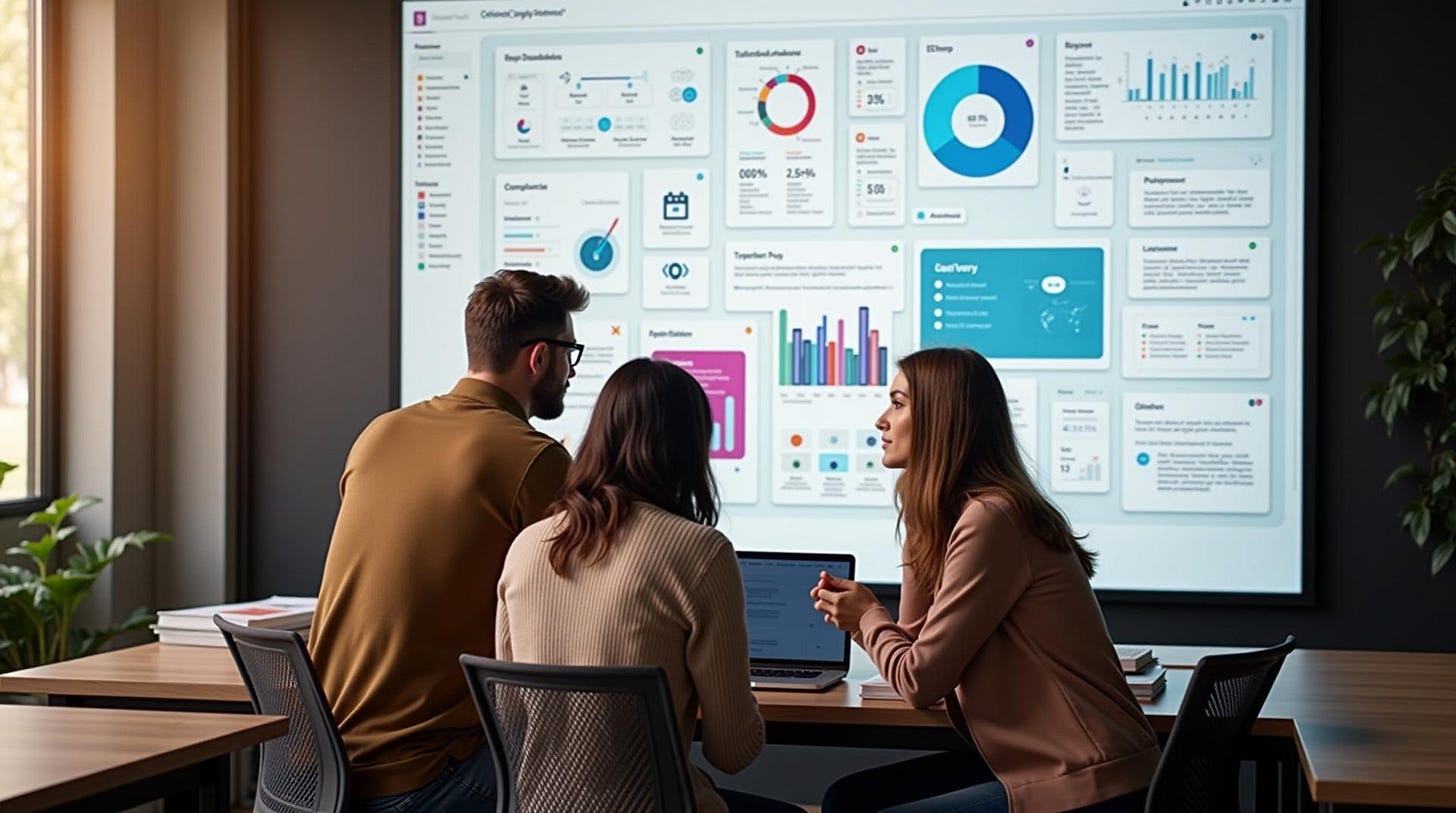 Three people are sitting around a table looking at a screen with graphs and data dashboards on it