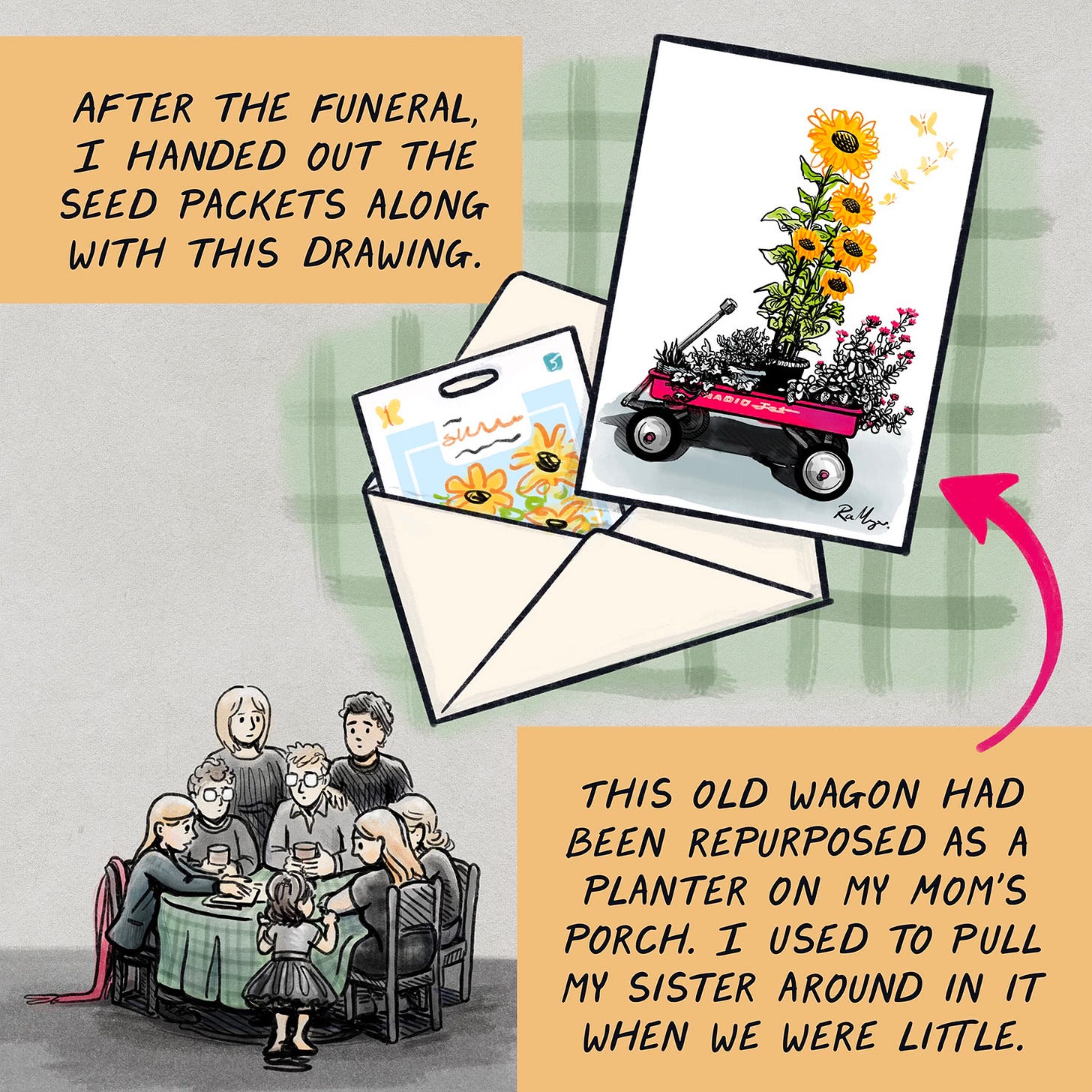AFTER THE FUNERAL, I HANDED OUT SEED PACKETS ALONG WITH THIS DRAWING. THIS OLD WAGON HAD BEEN REPURPOSED AS A PLANTER ON MY MOM'S PORCH. I USED TO PULL MY SISTER AROUND IN IT WHEN WE WERE LITTLE.
