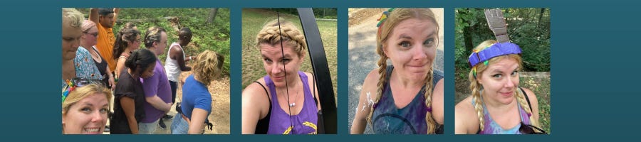 Four selfies of a blonde woman at summer camp: one with a group of other people on a balancing board; one holding a bow; one absolutely drenched and smeared with shaving cream; one wearing a duct tape spork hat; all against a teal gradiant background
