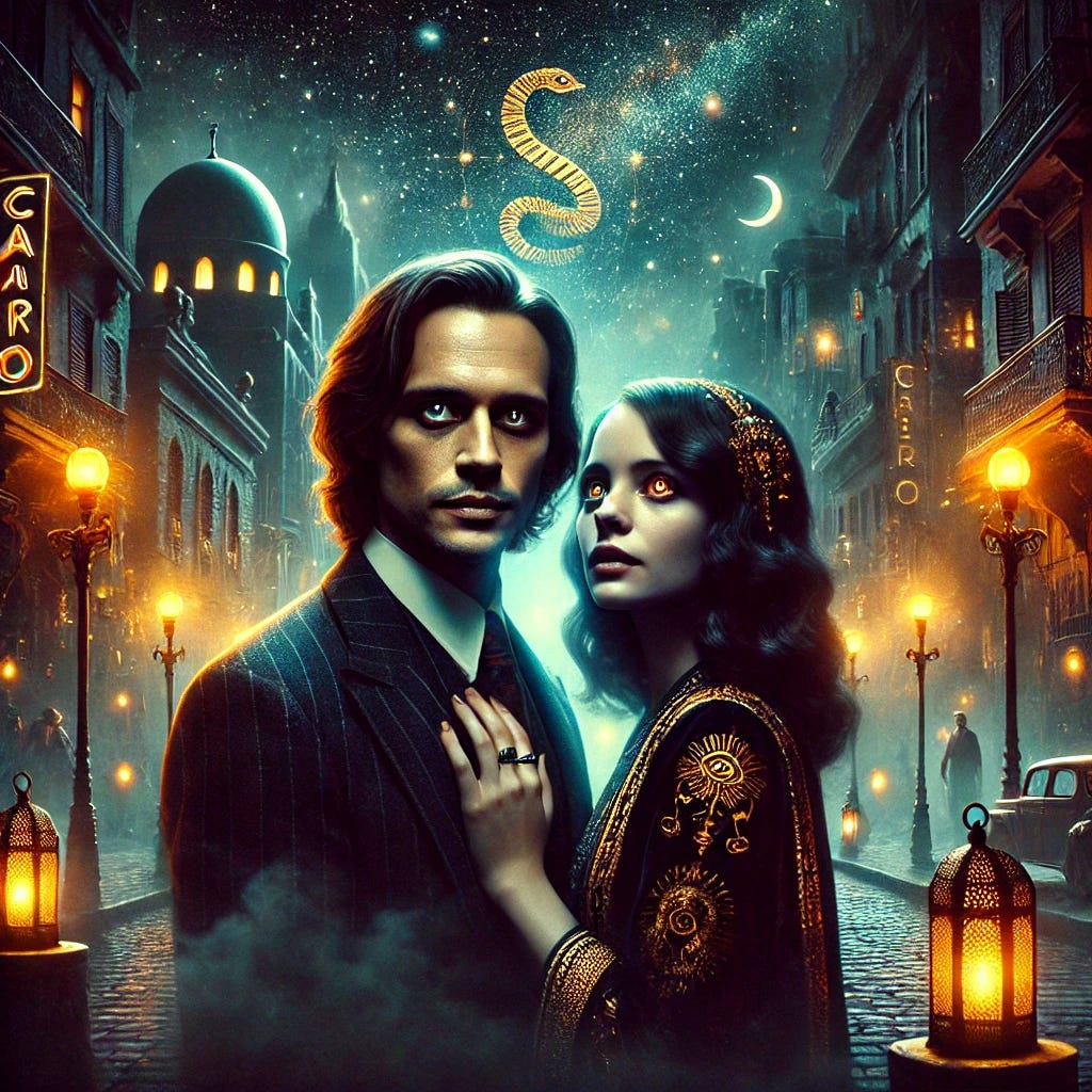 A surreal, cinematic depiction of Bob and Alice in a mystical version of Cairo at night. The cityscape is illuminated by neon lights and ancient lanterns, casting a dreamlike glow over the streets. Bob is a mysterious yet affable man with piercing but kind eyes, wearing a stylish yet slightly disheveled suit. Alice is a magnetic presence with an air of wisdom, dressed in flowing dark garments adorned with subtle golden symbols. They are locked in a loving embrace, their connection palpable and electric, as if the cosmos itself is holding them together. The atmosphere is charged with ancient energy, the Serpent’s Path hinted at in the background through faint symbols in the architecture. Their eyes radiate warmth, kindness, and compassion, balancing the noir ambiance with an undeniable sense of deep love and understanding. No text or street signs are visible.