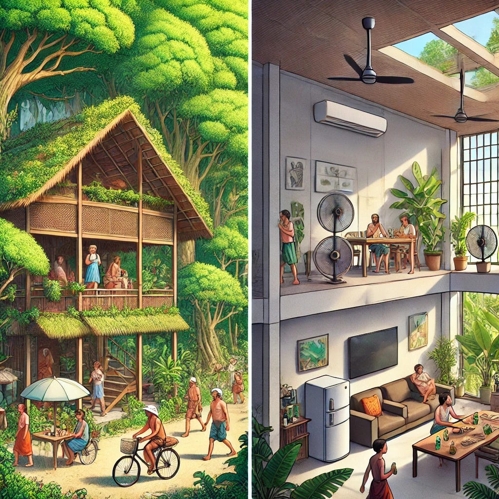 Two images side by side. On the left, a scene depicting how people dealt with heat waves before the advent of fossil fuels: people are shown seeking shade under large, lush green trees, using hand fans, and living in eco-friendly homes with high ceilings and open courtyards for natural ventilation, surrounded by greenery and plants. On the right, a modern scene showing how people deal with heat waves after the advent of fossil fuels: people are inside air-conditioned buildings, using electric fans, and enjoying cold drinks from refrigerators. The modern scene looks much more comfortable and technologically advanced.