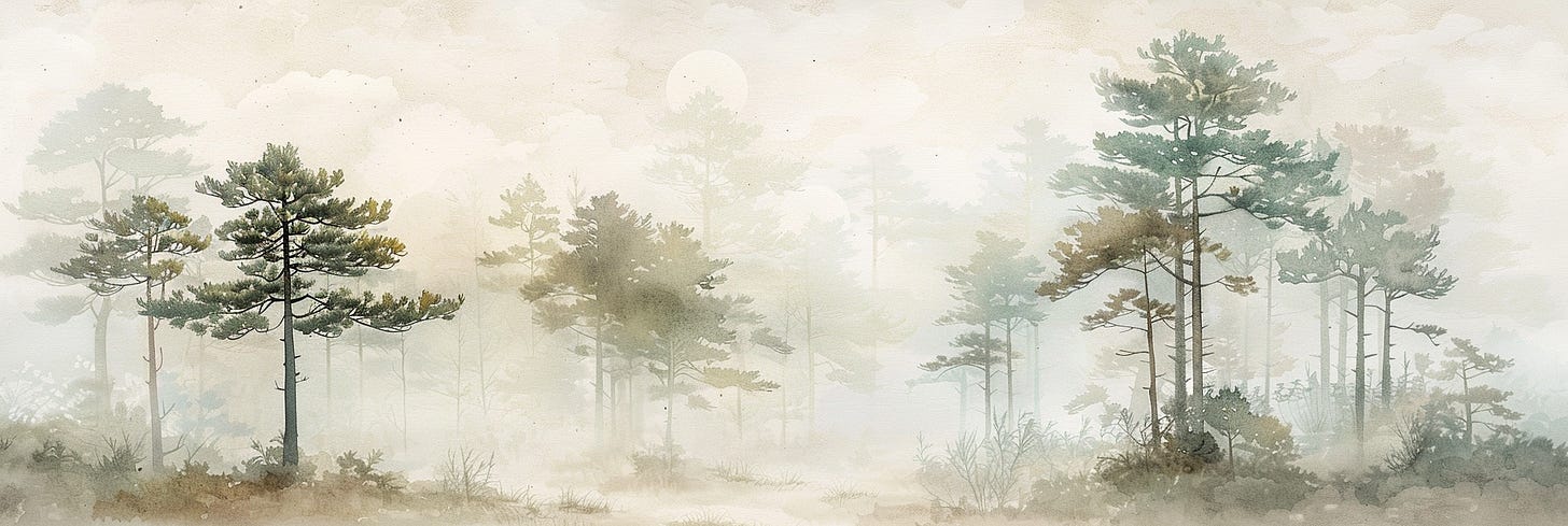 A misty forest scene unfolds in this soft pastel painting, with tall pine trees shrouded in a gentle fog that diffuses light throughout the landscape. Sparse vegetation in the foreground and shadowy tree silhouettes in the distance add depth to the tranquil atmosphere.