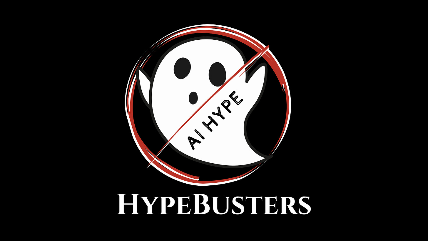 A "Hype Busters" logo with an "AI hype" ghost. It looks like the Ghostbusters logo.