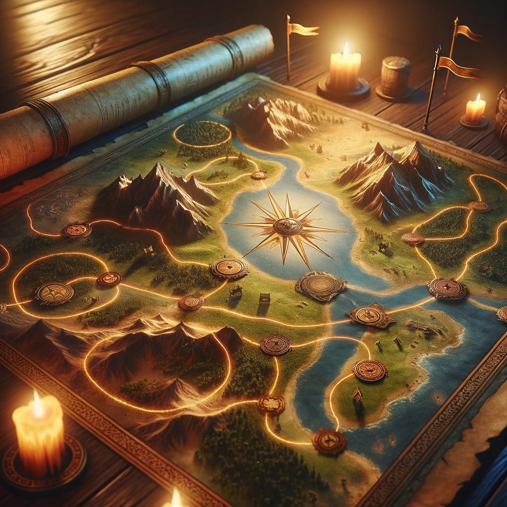 Imagine a picturesque scene of an ancient map sprawled out on a wooden table. The map is detailed, showing a winding path through varied terrains such as forests, mountains, and rivers, leading to a glowing, mysterious destination marked by a golden star. Along the path, there are several progress markers, each represented by a small, ornate flag, indicating the journey's progress. These flags are placed at key locations along the route, such as a crossroads, a bridge over a river, and the base of a mountain. The ambiance of the setting suggests an adventure, with the map being the central guide for a journey filled with discovery and challenges. The overall feel is reminiscent of tales of exploration and quests, with a touch of fantasy and historical exploration.